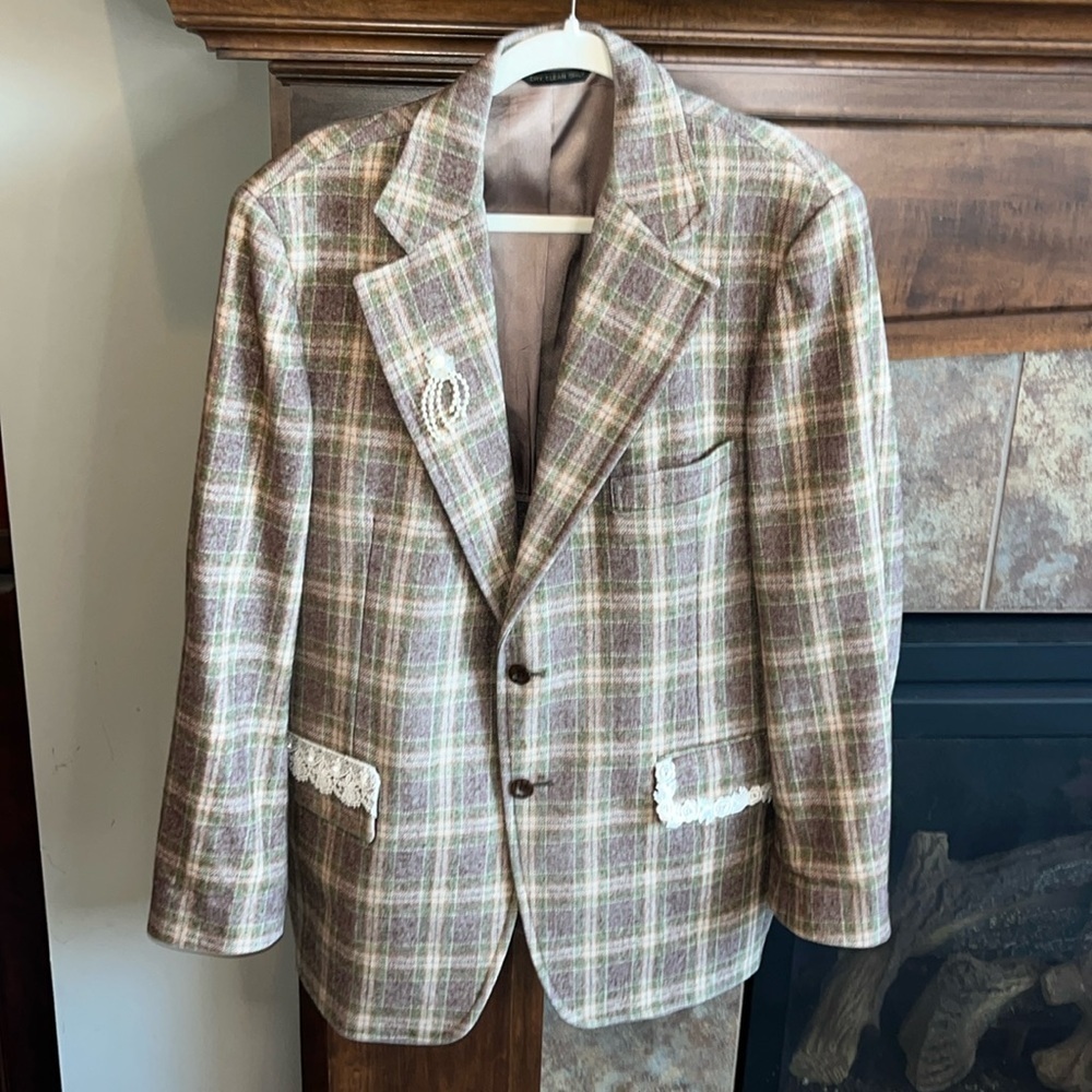Oversized upcycled plaid wool blazer cottagecore lace trim shabby chic est XL